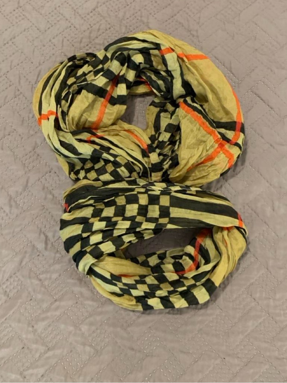 Light Yellow Checkered & Stripe Scarf with Black and Orange Details